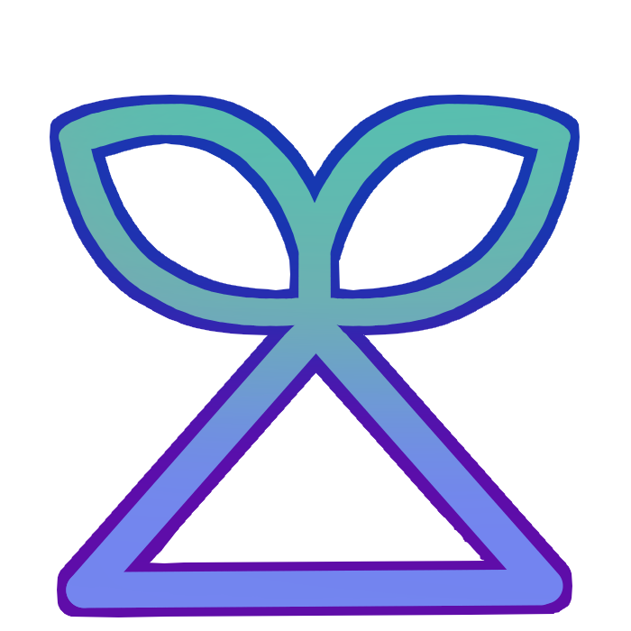 the sitelen pona glyph for 'laso,' a triangle with a sprout shape coming out of it, colored in a gradient of greens and blues.